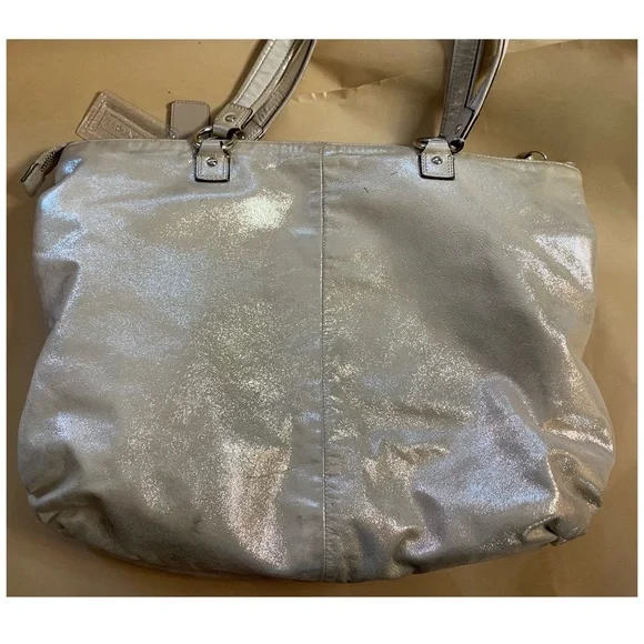 VINTAGE COACH POPPY METALLIC GOLD CHAMPAGNE LEATHER LARGE SHOULDER BAG - Picture 7 of 16